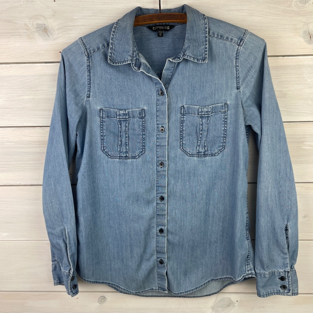 Express Blue Denim Button-up Blouse Classic Western Shirt Womens Size XS